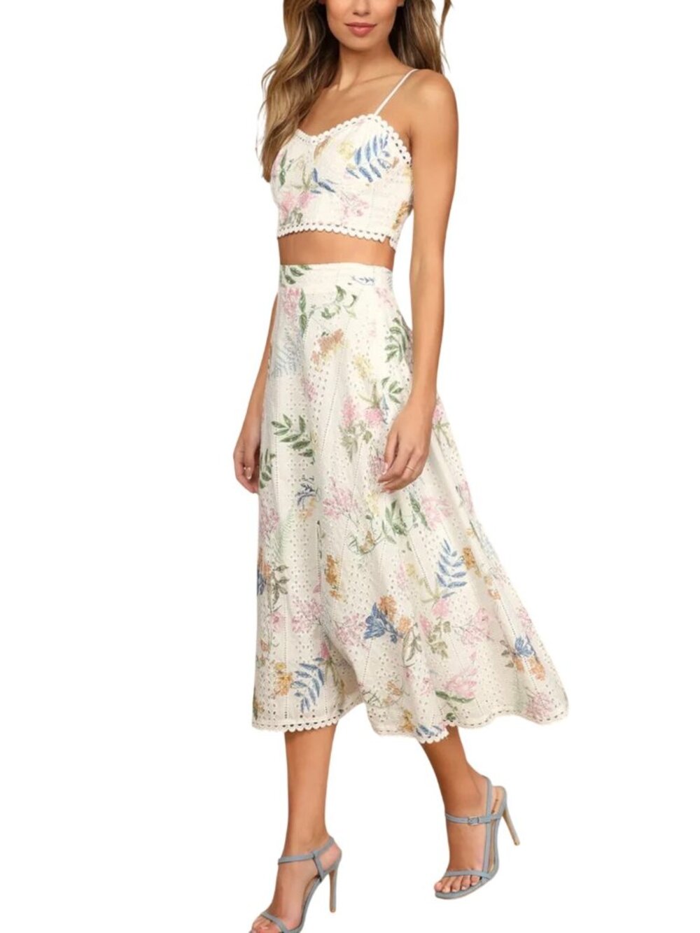 Lulu's Sweet At Heart Floral Embroidered Two-Piece Midi Dress Sz SM Eyelet Boho